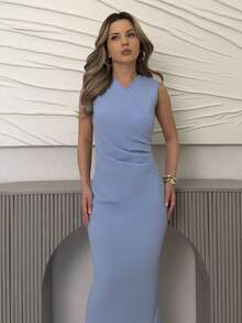 Jemour Elegant Business Casual Vintage Romantic Vacation Sleeveless V-Neck Waisted Pleated Fitted Solid Color Midi Bodycon Dress For Women Summer - Blue - View 5
