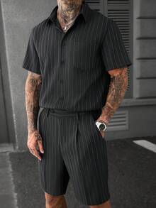 SLATEMANN 男士素色紋理雙股紗條紋休閒商務度假寬鬆短袖襯衫 & 寬鬆直筒雙褶拉鍊腰帶環休閒短褲套裝 - 深灰色 - 查看 9