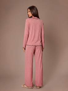 SHEIN Lazeform Women's Pink And Black Ruffle Collar Open Front Soft Knit Top & Pants Loungewear Set,Cute Modest Winter Lounge Minimalist Casual Pajamas - Pink - View 3