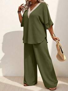 EMERY ROSE Summer Women's Olive Green Solid Guipure Lace Mesh Sleeve Top And Pants Two Piece Set,Boho Vacation Linen Outfit, Al-Adha Casual Coords - Green - View 3