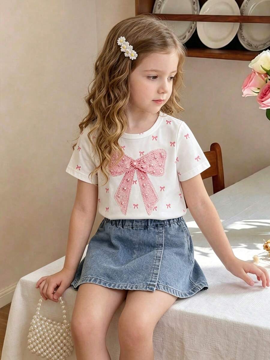 SHEIN Playful Pals 返校季女童休閒可愛圓領標準肩蝴蝶結印花T恤與素色牛仔裙褲套裝，適合夏季、日常外出、居家及聚會