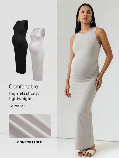 Modmama Đầm bầu không tay cổ tròn, màu trơn, xếp ly, ôm sát, thích hợp cho mùa hè.