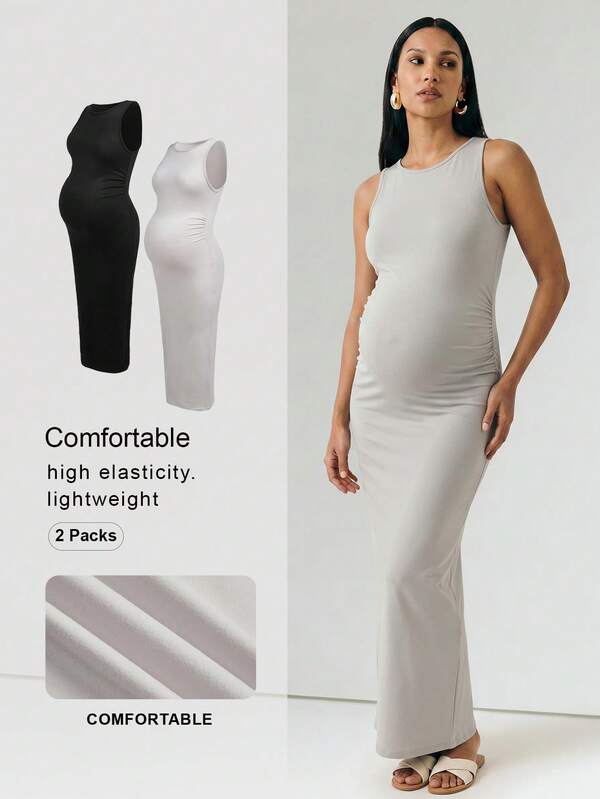 Modmama Vestido de maternidad de unicolor con cuello redondo, ajustado y sin mangas, ideal para el verano
