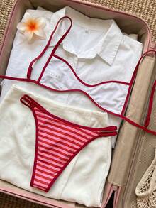 Swim Vcay 女款夏季新款性感綁帶式平口上衣低腰三角比基尼套裝，條紋印花 - 紅色 - 查看 2