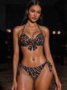 Swim Lushoire American Style Hot Girl Vintage Leopard Print Halter Neck Push-Up Top With Bow & Beaded Decoration, Back Tie & Side Tie Bikini Bottoms, Summer Vacation Music Festival Beach Party Niche Eye-Catching Hot & Relaxed Vibe Youthful Seaside Photo-Ready Island Holiday Outfit - Brown - View 2