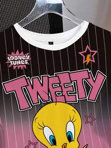 LOONEY TUNES X SHEIN T-shirt casual da donna a maniche corte, con scollo tondo, stampa a righe, lettere e cartoni animati, versatile per uso quotidiano - Bianco - Visualizzare 4