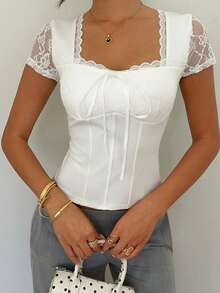 RiviMae Sexy Elegant Lace Top, Exquisite Waist-Cinched Romantic Date Going Out White Summer - Apricot - View 5
