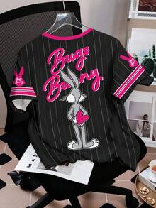 LOONEY TUNES X SHEIN Áo thun nữ tay ngắn cổ tròn in họa tiết tối giản - trắng - Xem 2