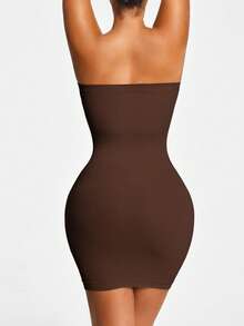 SHEIN Vestido miniajustado sin costuras y sin tirantes de unicolor para mujer - Marrón Chocolate - Ver 6