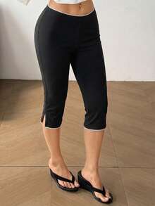 SHEIN EZwear 女款黑色針織緊身七分內搭褲 - 黑色 - 查看 4