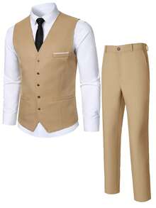 Calvornis Men's Suit Vest, Shirt, And Trousers Outfit, Minimalist Fashion Suitable For Summer, Men Formal Wedding Clothes Dressy Set, Old Money Style, Ceremony - Khaki - View 3