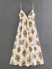 Cévolie Petite Women's Backless Lace-Up Floral Print Sweetheart Neckline High Waist Pleated Cami Dress - Multicolor - View 3