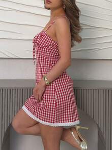 Vestido ajustado bandeau de mujer sexy y lindo con estampado a cuadros rojos y blancos - amarillo ganso - Ver 5