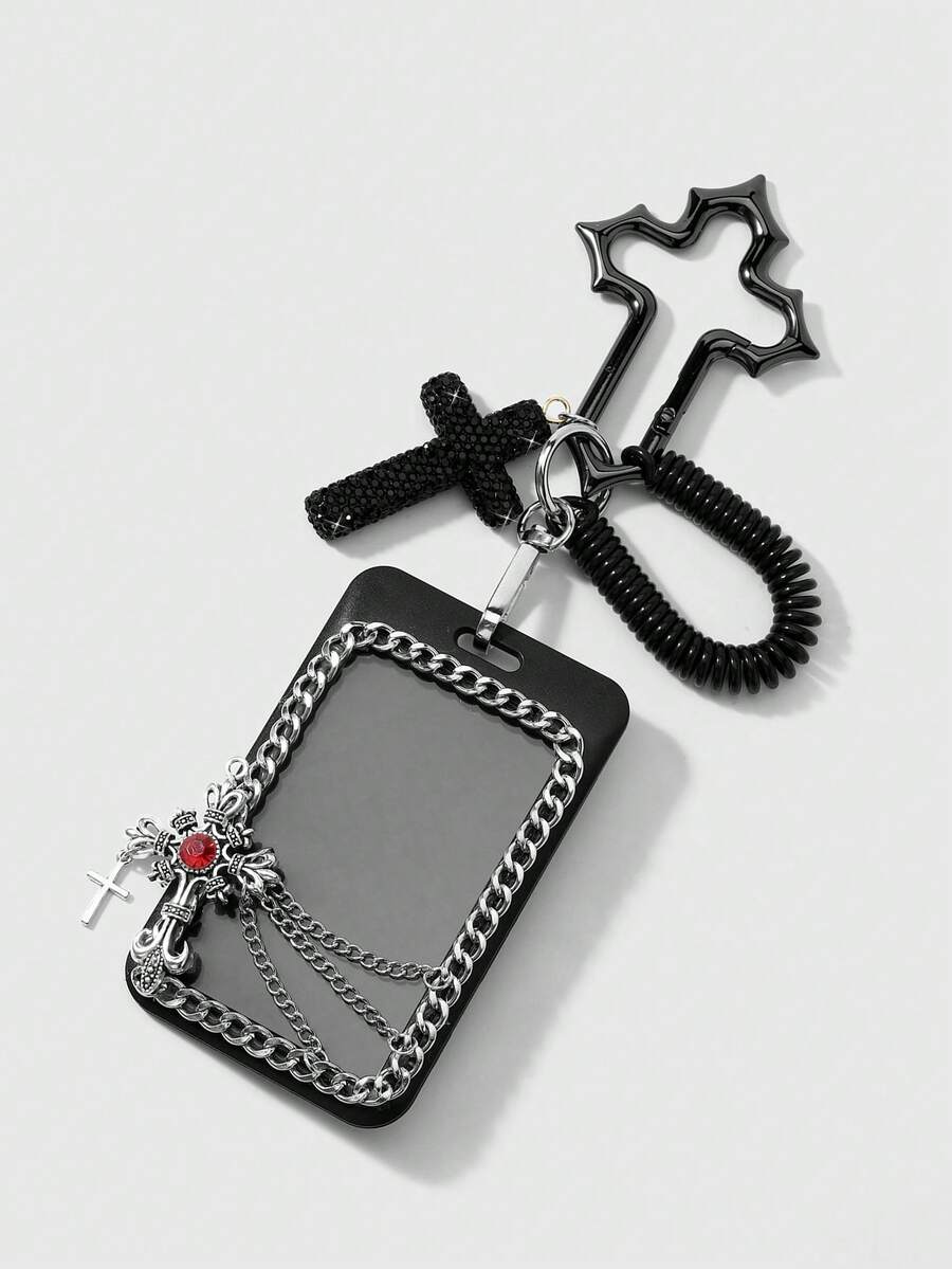 ROMWE 1 Heavy Industry Gothic Black Soft Pottery Rhinestone Cross Hollow Chain Acrylic Card DIY Stainless Steel Cross Keychain Bag Pendant, Worn By Girls - Black-28 - View 1