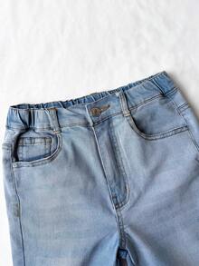 SHEIN Tween Mädchen Jeans Skinny, weich, Baumwolle, lässig, stilvoll, vielseitig, bequem für den Alltag und einfach. Merkmale sind ein geschlitzter Saum und ein besticktes Schleifenmuster. Die schmale Passform und der Stretch-Denim mit weißem Spray-Wash sind geeignet für Lässig, Urlaub und den Alltag. - Helle Waschung - Übersicht 5