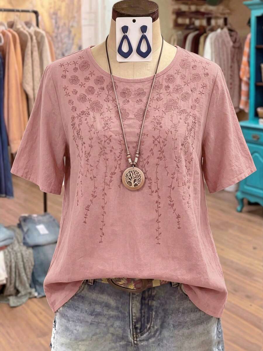 Linhara Plus Size Women Solid Color Faux Linen Round Neck Embroidered 3/4 Sleeve Casual Shirt - Baby Pink - View 1