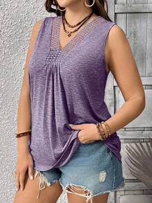EMERY ROSE Top de tirantes de punto sin mangas con cuello en V, patchwork de encaje hidrosoluble y color liso, casual para mujer talla grande - Morado - Ver 3