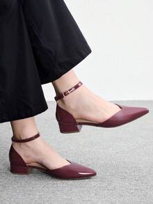 CUCCOO BIZCHIC 優雅黃色漆皮尖頭綁帶腳踝扣帶厚底高跟鞋，適合女性，舒適中跟款式，適用於辦公室、婚禮、派對以及春夏季鞋款 - 酒紅色, - 查看 4