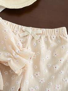 SHEIN Vintaside Kids 嬰兒/幼兒(女童)上衣套裝，花卉長袖秋季服飾 - 卡其色 - 查看 3
