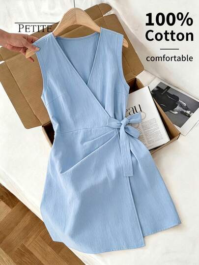 SHEIN PETITE CURVE Plus Size Sleeveless V-Neck Wrap Dress, Summer Cinched Waist Slimming Light Blue Elegant Commuter Mini Dress