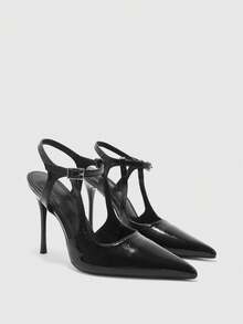 CUCCOO BIZCHIC Zapatos de tacón de aguja en forma de T con parte trasera puntiaguda y vacía, hebilla de metal, tacones altos delgados para el trabajo y el desplazamiento - Negro - Ver 1