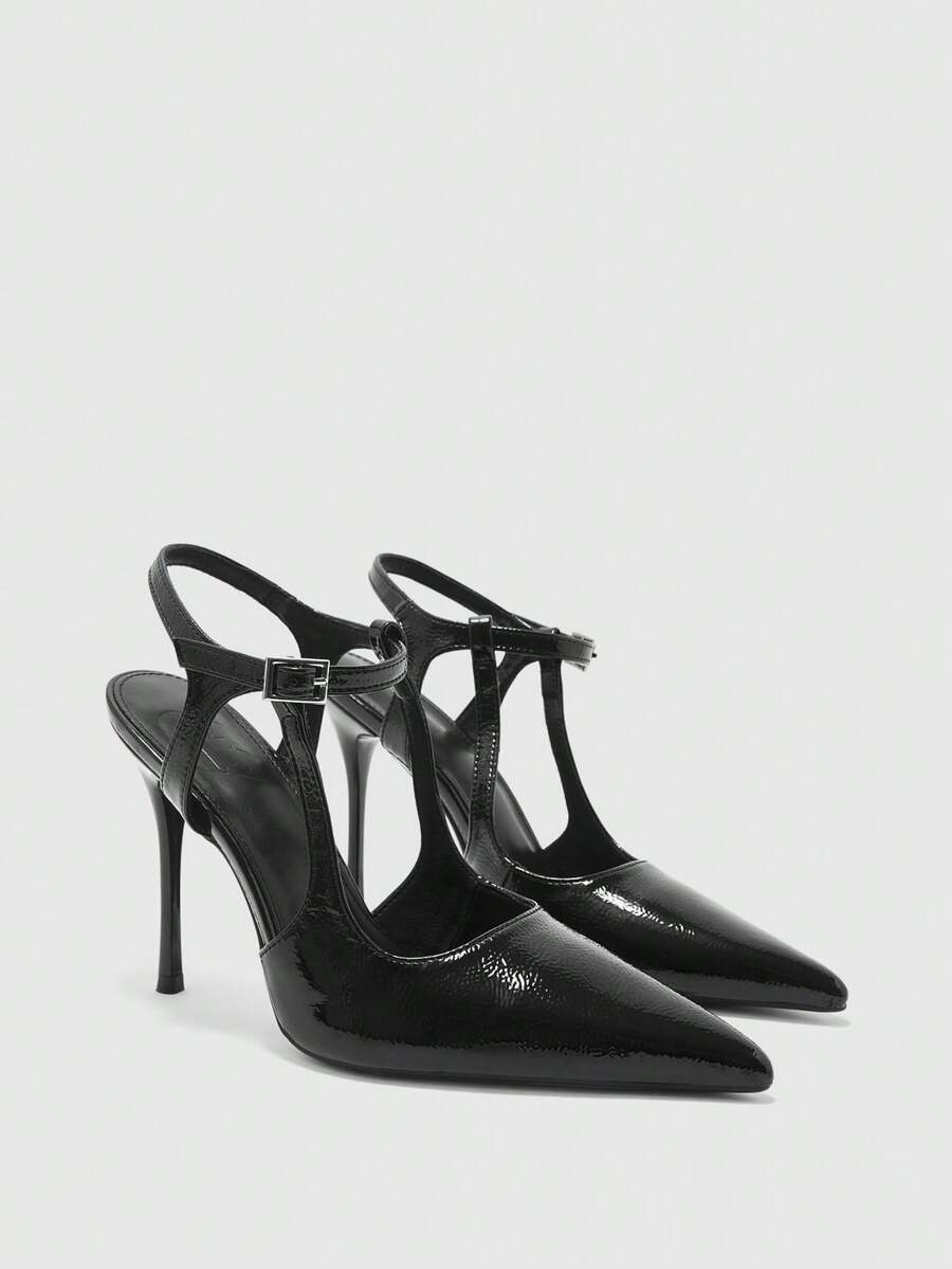 CUCCOO BIZCHIC Zapatos de tacón de aguja en forma de T con parte trasera puntiaguda y vacía, hebilla de metal, tacones altos delgados para el trabajo y el desplazamiento - Negro - Ver 1