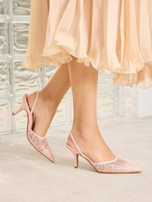 MOTF NEW PINK POINTED THIN HEEL DIAMOND MESH LACE FASHIONABLE AND ELEGANT WOMEN'S HIGH-HEELED SHOES - Pink - View 5