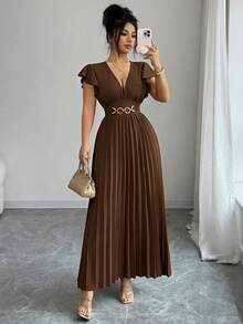 Elenzga Nuevo vestido largo para mujer con cuello en V, mangas con volantes, tejido de color liso, hebilla metálica, diseño plisado, elegante y juvenil, para el Día de San Valentín, banquetes, vacaciones y fiestas, efecto alargador y estilizante - Marrón - Ver 7