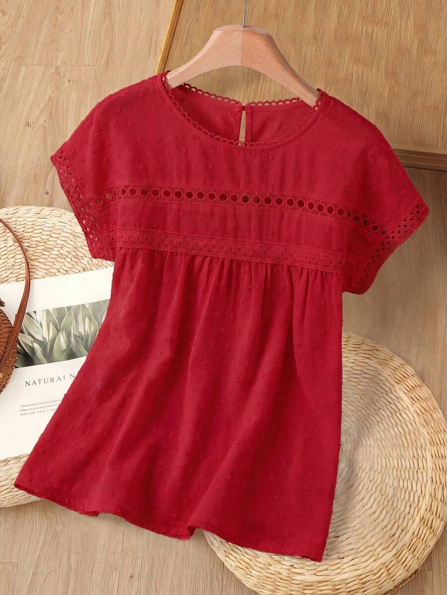 Rusticease Swiss Dot Contrast Lace Batwing Sleeve Blouse - Red - View 1