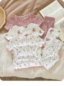 SHEIN 女婴圆领荷叶边短袖上衣和裤子睡衣套装 - 彩色 - 查看 4