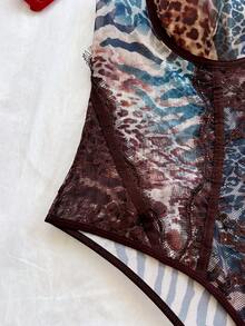 Soleia (No Chest Padding)Plus Size Sexy Leopard Print Lace Trim Underwire Bodysuit - Multicolor - View 3