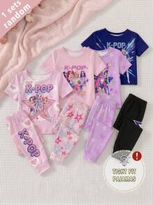 SHEIN 2件組粉色可愛女童幼童居家服 甜美酷感粉色K-POP女孩星形與愛心印花 柔軟舒適貼身高彈力套頭短袖上衣與長褲套裝 夏秋貼身款 - 粉色 - 查看 4