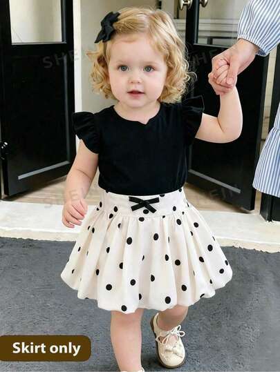 SHEIN Elladie kids 2026 New Girls' Black And White Polka Dot Bud Skirt, Sweet Bow Design High Waist A-Line Skirt, Fresh And Playful Versatile Skirt For Little Girls