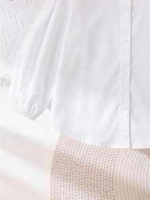 SHEIN 少女編織素色泡泡袖休閒襯衫 - 彩色 - 查看 5