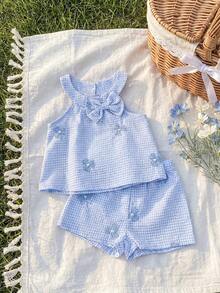 SHEIN Playful Pals 女嬰女童套裝 6個月-3歲 2件/套 夏季優雅華麗女童休閒日常風格寬鬆套裝，無袖荷葉邊花朵印花上衣與花朵印花短褲 - 藍色 - 查看 1
