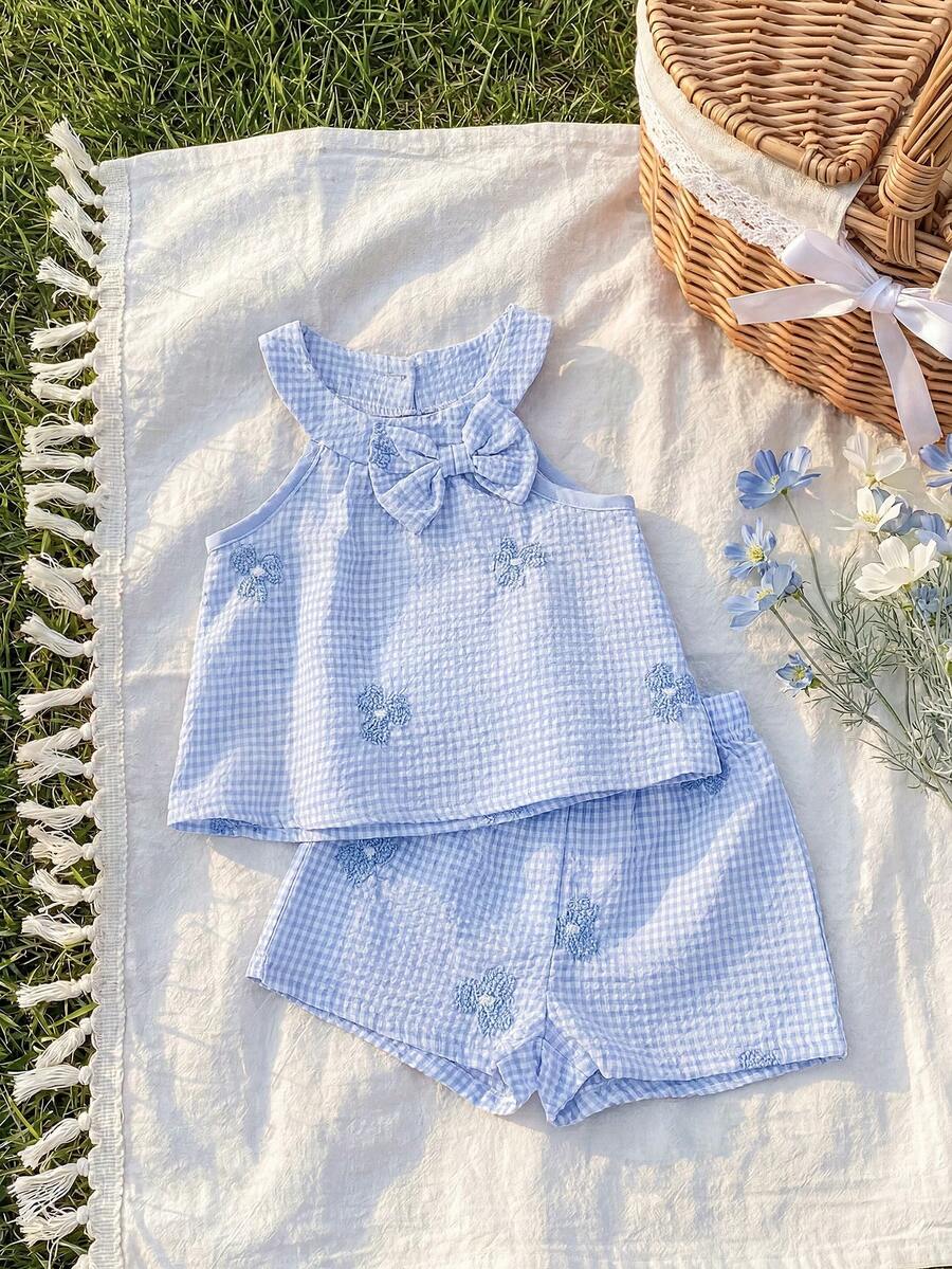 SHEIN Playful Pals 女嬰女童套裝 6個月-3歲 2件/套 夏季優雅華麗女童休閒日常風格寬鬆套裝,無袖荷葉邊花朵印花上衣與花朵印花短褲 - 藍色 - 查看 1