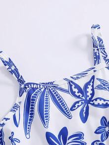 SHEIN 女童夏季休閒甜美吊帶粗棉布花紋與純色拼接洋裝 - 彩色 - 查看 4