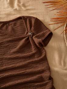 SHEIN Girls Back To School Brown T-Shirt Set Teen (Girl) Designer Asymmetrical Soft Cotton Round Neck - Brown - View 5