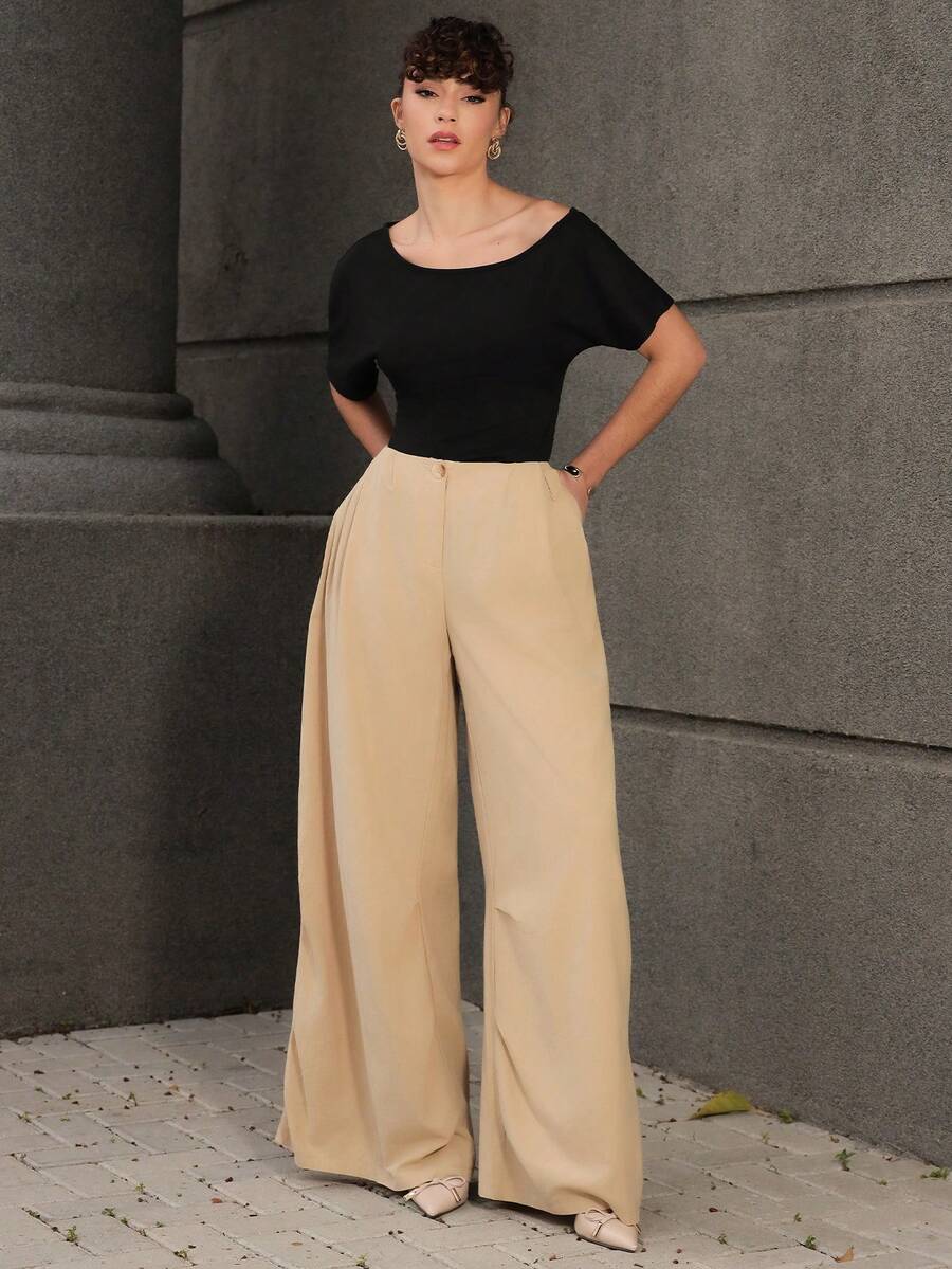 Xuxu's by Gio Pantalones extra largos de pierna ancha holgados y vintage de tiro ultra bajo - Caqui - Ver 1