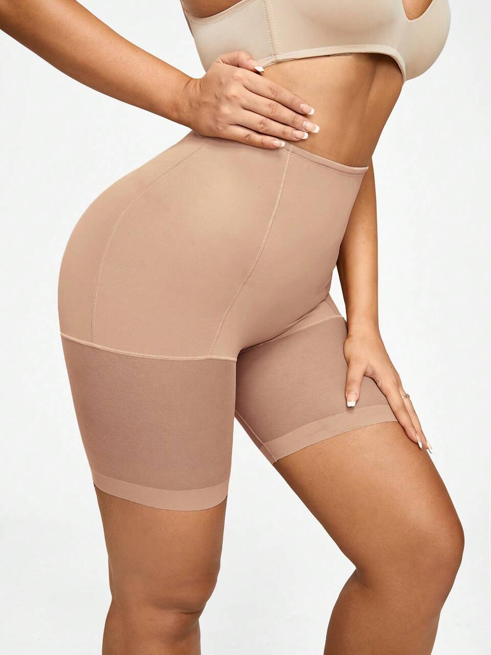 Women's Casual Comfy Apricot High Waisted Shapewear Shorts With Contrast Mesh Detail