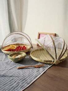 1pc Handwoven Food Service Tent Basket Tray, Fruit Outdoor Cover Insect Bamboo Woven Storage Basket Picnic Scoop Tool - Wood Color - View 10