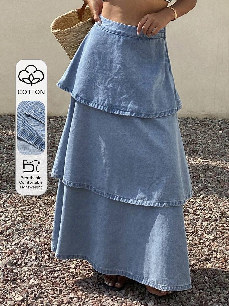 Livesso Women's Loose Ruffled Denim A-Line Skirt - Blue - View 1