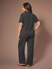 Lazeform Plus Size Soft & Breathable Solid Color Button-Up Top & Pants Pajama Set, Outfits - Dark Grey - View 2