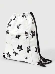ROMWE Grunge Punk Mochila Punk Gótica con Patrón de Pentagrama y Segador, Gran Capacidad, Múltiples Bolsillos, Cordón, Versátil y Casual, Unisex, Adecuada para Desplazamientos y Socialización - Blanco y Negro - Ver 3