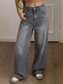 DAZY Casual Distressed Wide Leg Loose Denim Jeans Low Rise Jeans - Light Grey - View 7