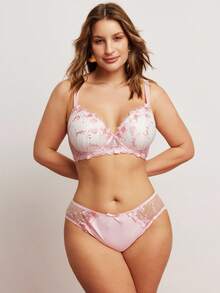 Elorette 2pcs Floral Embroidery 3/4 Cup Padded Push Up Bra Set, Supportive, Cute, Romantic, Comfortable, Plus Size Lingerie Set - Pink - View 7