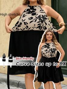 SHEIN CURVE+ 大码波西米亚风休闲度假风印花拼接黑色收腰A字连衣裙,夏季款 - 彩色 - 查看 11