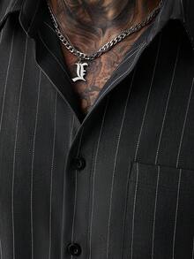 SLATEMANN 男士素色紋理雙股紗條紋休閒商務度假寬鬆短袖襯衫 & 寬鬆直筒雙褶拉鍊腰帶環休閒短褲套裝 - 深灰色 - 查看 7