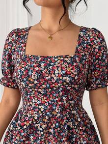 Elenzga Blus Wanita Ukuran Besar Elegan Kasual Serbaguna untuk Liburan, Puff Sleeve Square Neck Musim Semi Musim Panas Terbaru yang Mempertegas Pinggang - MultiWarna - View 8