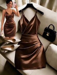 GlowEve Women's Elegant Sexy Coffee Brown Satin Glossy High Stretch Knit Cami Mini Dress, V Neck Spaghetti Strap Ruched Wrap Bodycon Party Date Night Summer - Brown - View 1